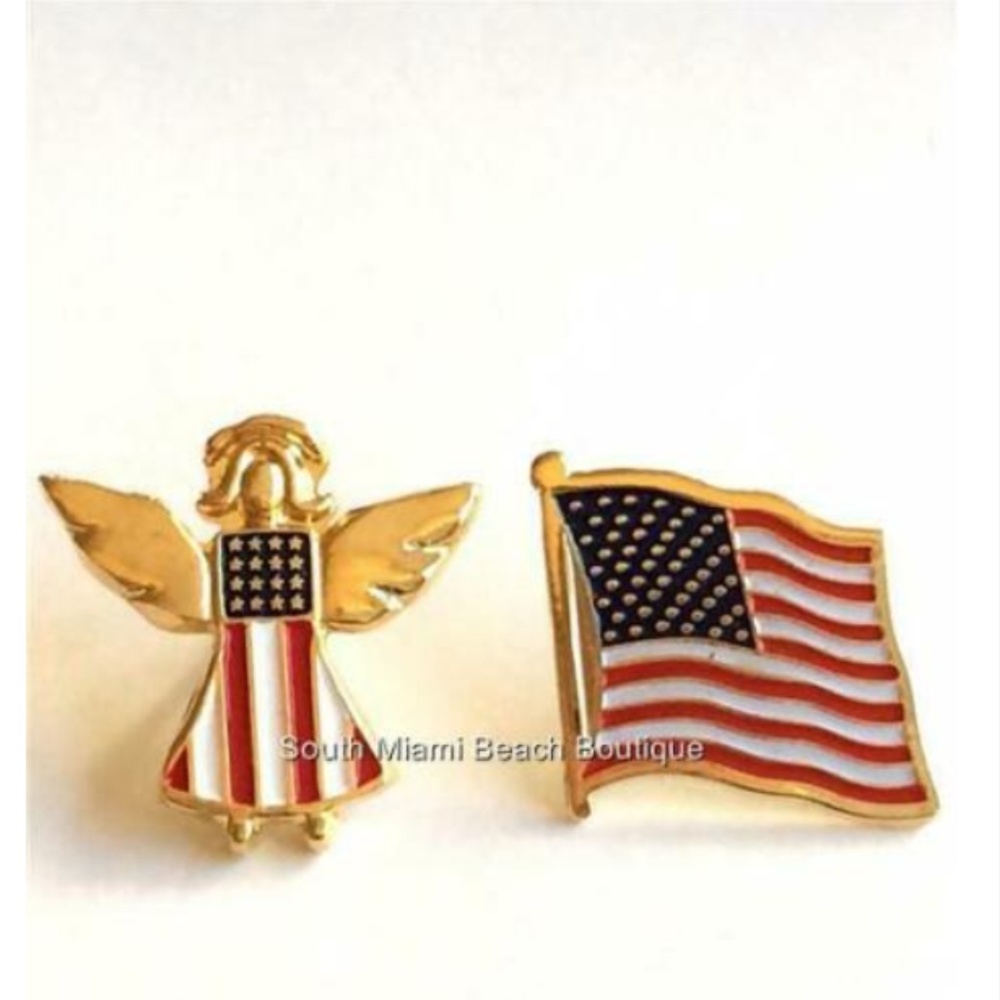 US American Flag Guardian Angel Pin Brooch Set July 4th Patriotic Made in USA
